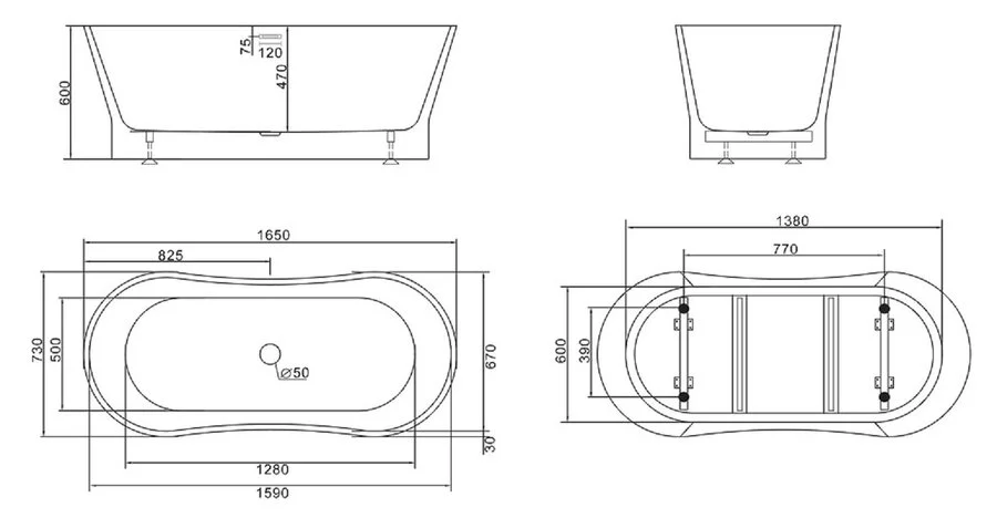 Ванна акриловая BelBagno 165х73 см отдельностоящая BB406-1650-730 (детальная фотография), акриловые