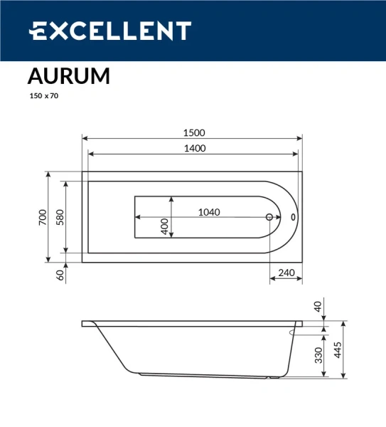 Акриловая ванна Excellent Aurum, 150 х 70 см, WAEX.AUR15WH (детальная фотография), акриловые