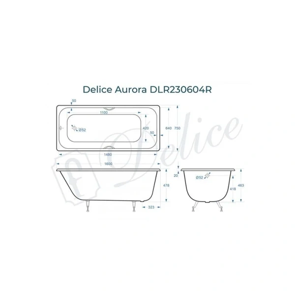 Ванна чугунная Delice Aurora DLR230604R 160x75 белая (детальная фотография), чугунные