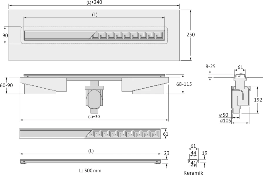 Душевой лоток BERGES B1 Keramik 30 см матовый хром 090014 (детальная фотография), матовый хром index_1
