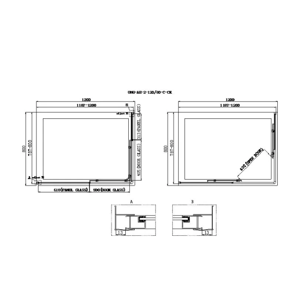 Душевой уголок BelBagno Uno 120х80 см стекло рифленое UNO-AH-2-120/80-P-Cr (детальная фотография), прямоугольные