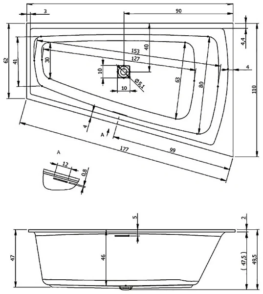 Ванна акриловая Riho Still Smart 001005 170х110 см асимметричная (детальная фотография), акриловые