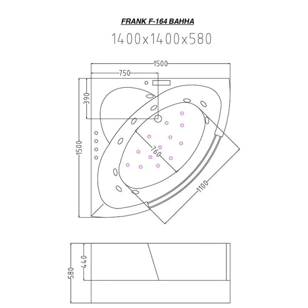Ванна гидромассажная Frank F164, угловая, 140 x 140 x 60 см, 2020116 (детальная фотография), акриловые