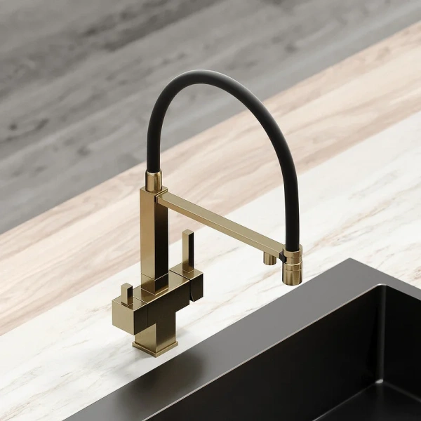 Смеситель для кухни Sancos Moro золото SC4006BG (детальная фотография), с поворотным изливом, с коротким изливом, с гибким изливом