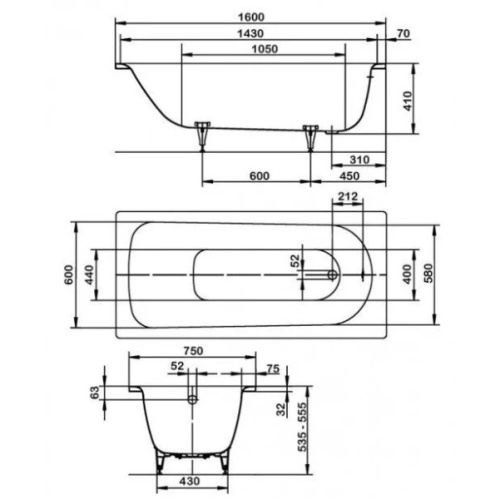 Ванна стальная Kaldewei Saniform Plus mod. 372-1 160x75 см с покрытием Easy-Clean и Anti-SlIp 112530003001 (детальная фотография), современныe, hi-tech