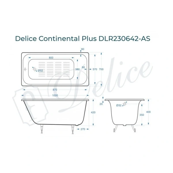 Ванна чугунная Delice Continental Plus 100х70 см с антискользящим покрытием DLR230642-AS (детальная фотография), чугунные