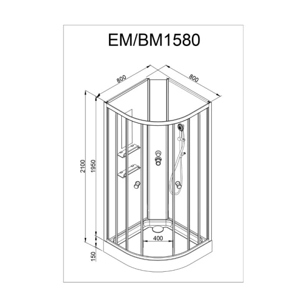 Душевая кабина Deto EM 80x80 см угловая EM1580NLED+GM (детальная фотография), полукруглые, четверть круга