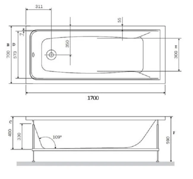 Ванна акриловая Vincea VBT-2G170, 170 x 70 см, без опоры, белый (детальная фотография), прямоугольные