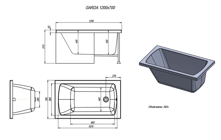 Ванна акриловая Alex Baitler Garda, 120 x 70 см, цвет SuperWhite, GARDA 120*70 (детальная фотография), акриловые