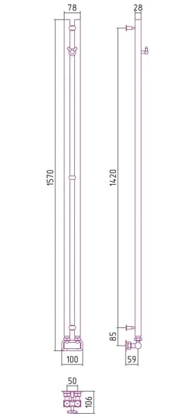 Полотенцесушитель водяной Сунержа Нюанс EU50+ 5х154.5 см без покрытия 00-0212-1545 (детальная фотография), современные, hi-tech