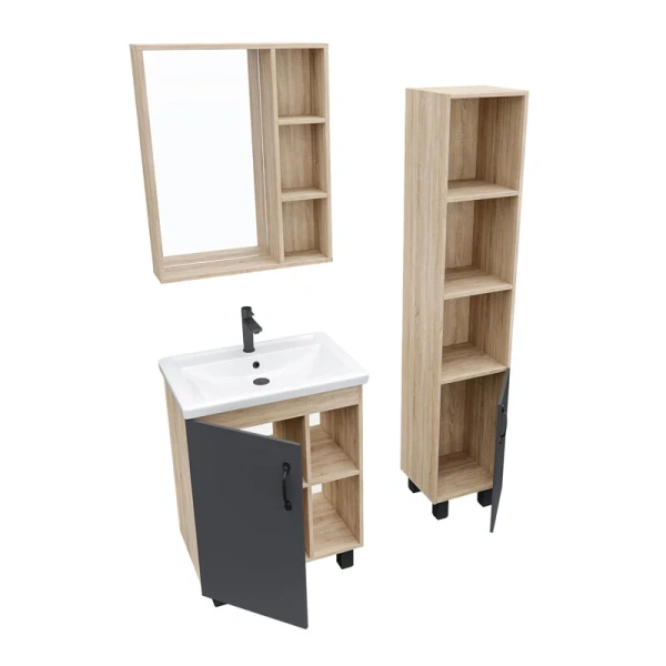 Тумба под раковину напольная Grossman Флай 60,5 см дуб сонома/серая 106002 (детальная фотография), светло-коричневая, серая, комбинированная