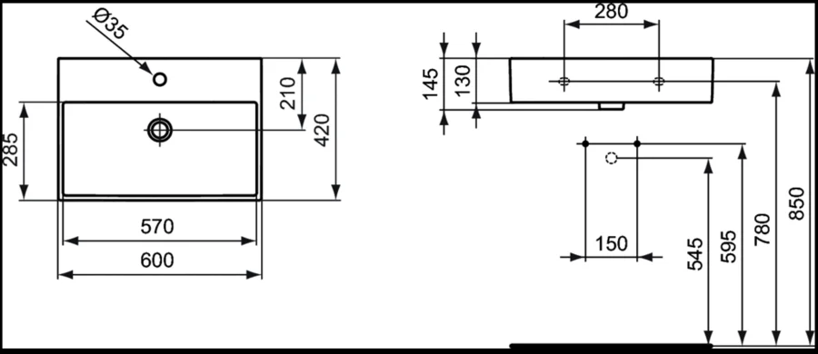 Раковина Ideal Standard Strada 60 см с отверстием под смеситель K077801 (детальная фотография), современные, hi-tech