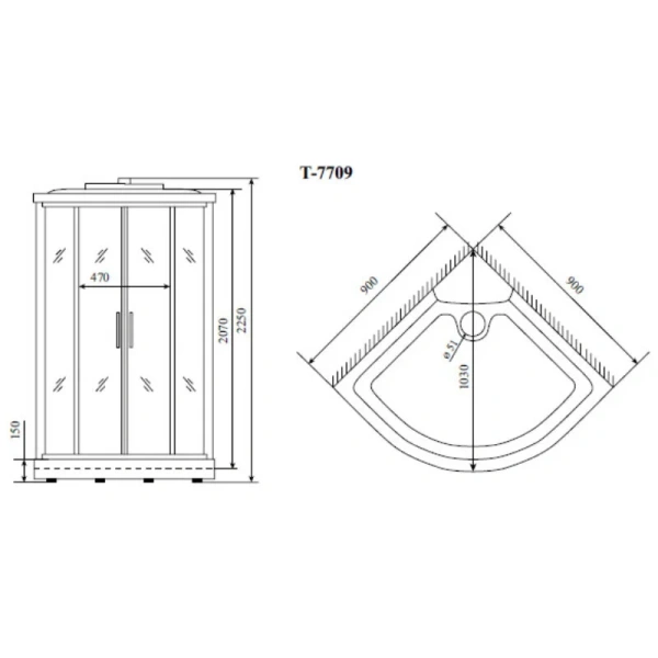 Душевая кабина Timo Lux 90x90 см профиль хром T-7709(NEW) (детальная фотография), полукруглые, четверть круга