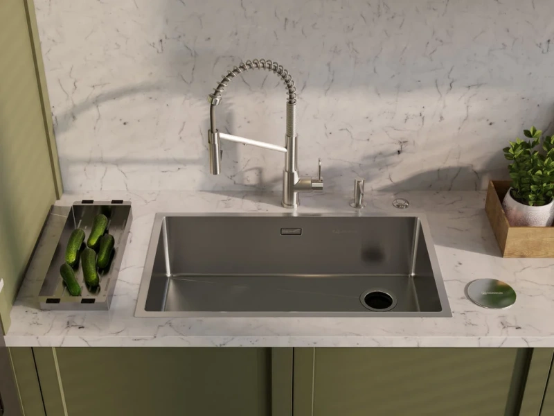 Мойка для кухни Omoikiri Taki 74-U/IF Side 499317 74 см врезная (детальная фотография), из нержавеющей стали, стальные, металлические