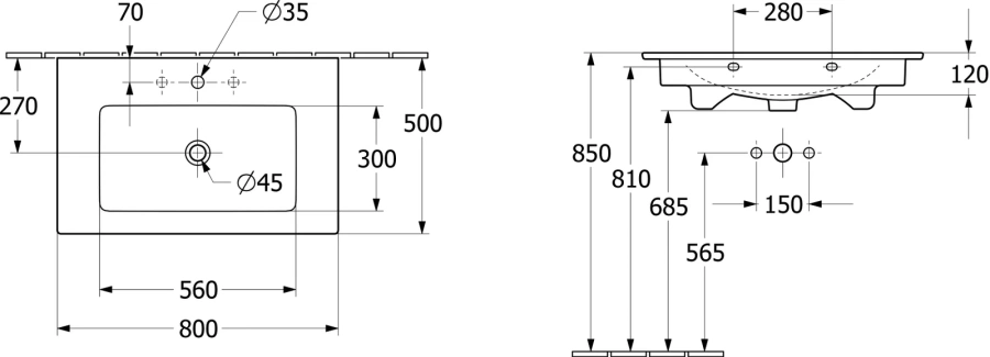 Pаковина полувстраиваемая Villeroy & Boch Venticello 41048L 80 см (детальная фотография), одинарные
