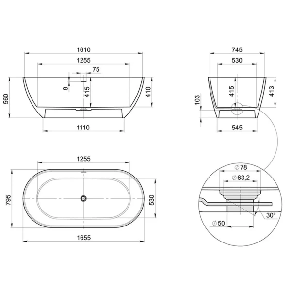 Ванна Radostone Roberta,165 х 80 см, искусственный камень, белый матовый/черный, VRBA19005165 (детальная фотография), искусственный камень