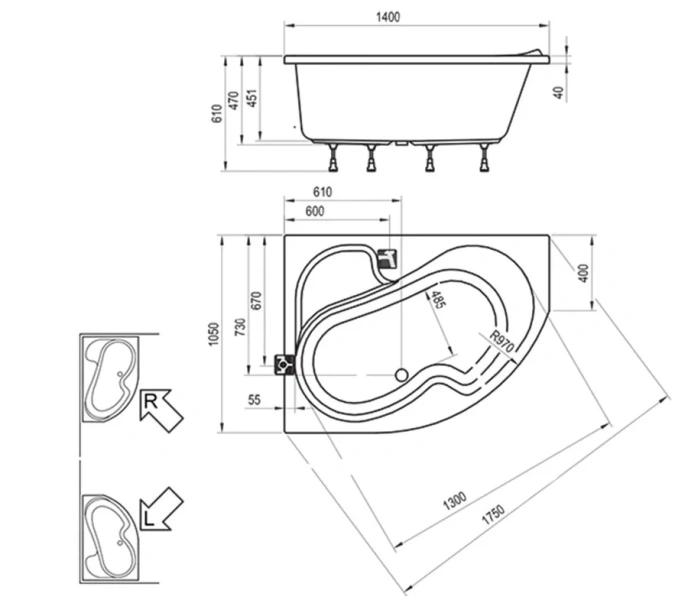 Ванна акриловая левая Ravak Rosa I 140х105 L CI01000000 (детальная фотография), 140 см