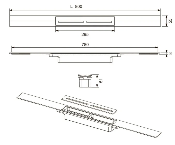 Профиль для душа Tece TECEdrainprofile 80 см хром 670810 (детальная фотография), для монтажа в пол