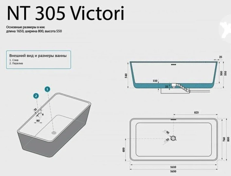 Ванна из искусственного камня NTBagno Victori NT305, 165 х 80 см (детальная фотография), искусственный камень