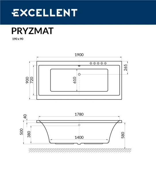 Ванна акриловая Excellent Pryzmat 190 х 90 см, цвет белый, WAEX.PRY19WH (детальная фотография), прямоугольные