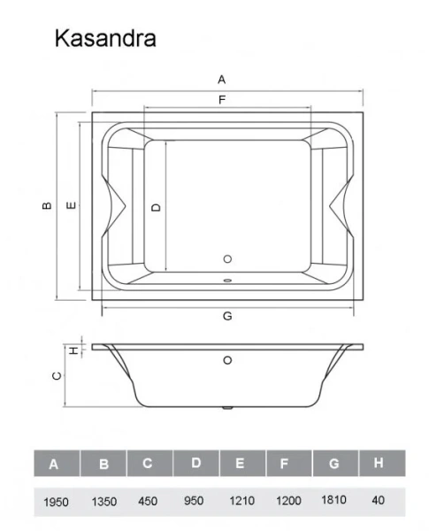 Ванна акриловая Vayer Kasandra 195 х 135 см, прямоугольная, белая, Гл000025030 (детальная фотография), современныe, hi-tech