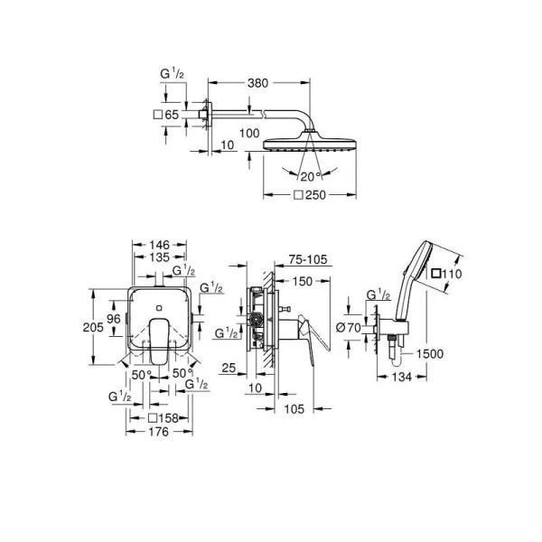 Душевой комплект Grohe Cubeo хром 1053360000 (детальная фотография), комплекты