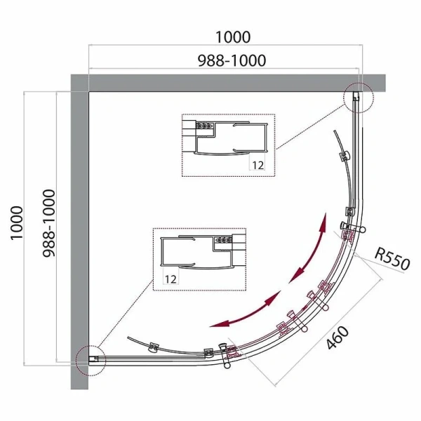 Душевой уголок BelBagno Uno-195 100х100 см стекло шиншилла UNO-195-R-2-100-CH-CR (детальная фотография), полукруглые, четверть круга