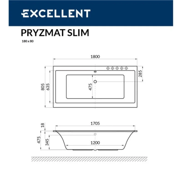 Ванна гидромассажная Excellent Pryzmat Slim Nano 180 x 80 см, цвет белый/золото, WAEX.PRY18S.NANO.GL (детальная фотография), акриловые