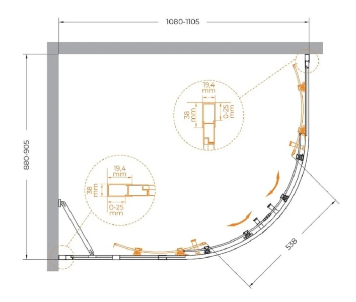 Душевой уголок Cezares Molveno 110х90 см стекло прозрачное профиль оружейная сталь MOLVENO-RH-2-110/90-C-GM-IV (детальная фотография), асимметричные