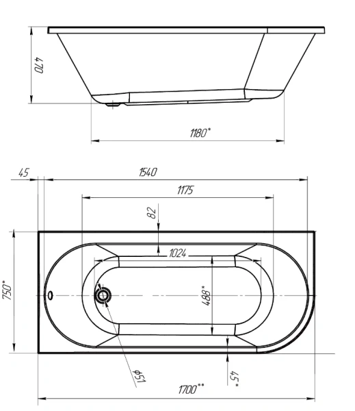 Ванна акриловая Creto Melissa 32-17075L/32-17075R, 170 x 75, левая/правая, белый (детальная фотография), акриловые