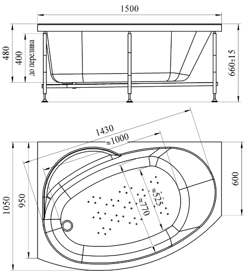 Акриловая ванна Радомир Монти 2-01-0-1-1-213/2-01-0-2-1-213, 150 х 105 см, L/R, с каркасом, белая (детальная фотография), современныe, hi-tech