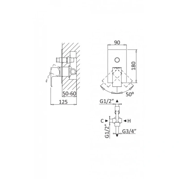 Смеситель для душа Cezares Porta Sunrise PORTA-VDIM-SR (детальная фотография), для душа