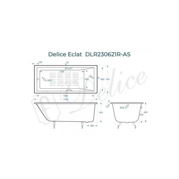 Ванна чугунная Delice Eclat DLR230621R-AS 170x70 см с антискользящим покрытием (детальная фотография), чугунные
