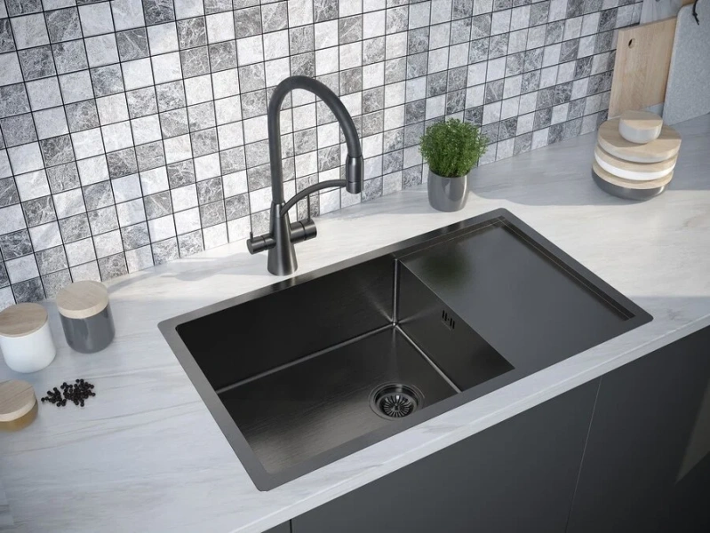 Мойка для кухни Paulmark Wing 78 вороненая сталь PM217844-GM (детальная фотография), прямоугольной формы