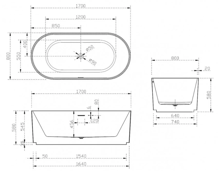 Акриловая ванна Abber 170х80 см овальная AB9325-1.7 (детальная фотография), акриловые