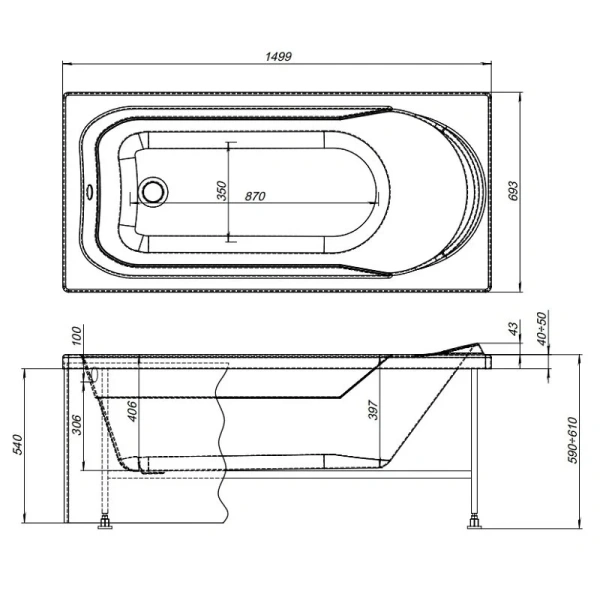 Ванна акриловая Aquanet West 00240462, 150 x 70 см, с каркасом, цвет белый (детальная фотография), акриловые