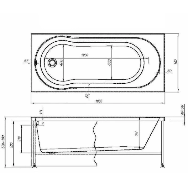 Ванна акриловая Aquanet Light 243871, 160 x 70 см, с каркасом, цвет белый 00243871 (детальная фотография), акриловые