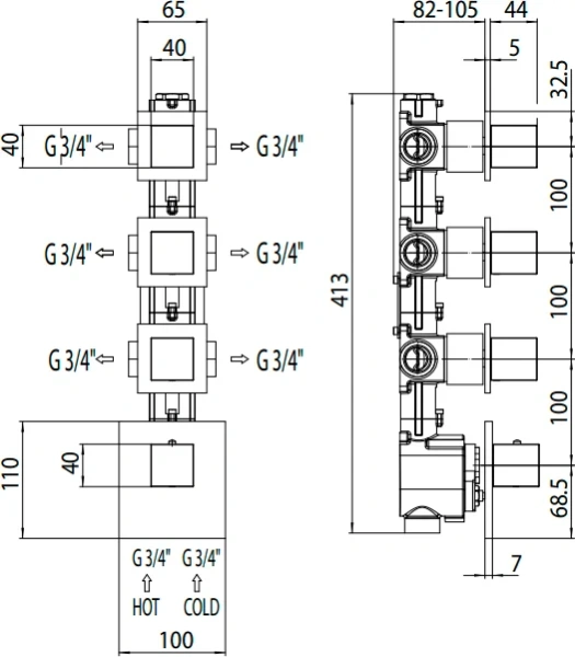 Внутренняя часть смесителя Bossini на 3 выхода Z030273000 (детальная фотография), в наличии