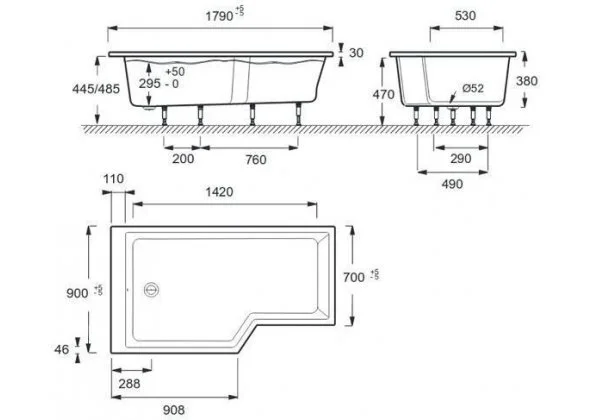 Ванна 170х90, цвет белый, Jacob Delafon BAIN-DOUCHE NEO (детальная фотография), современныe, hi-tech