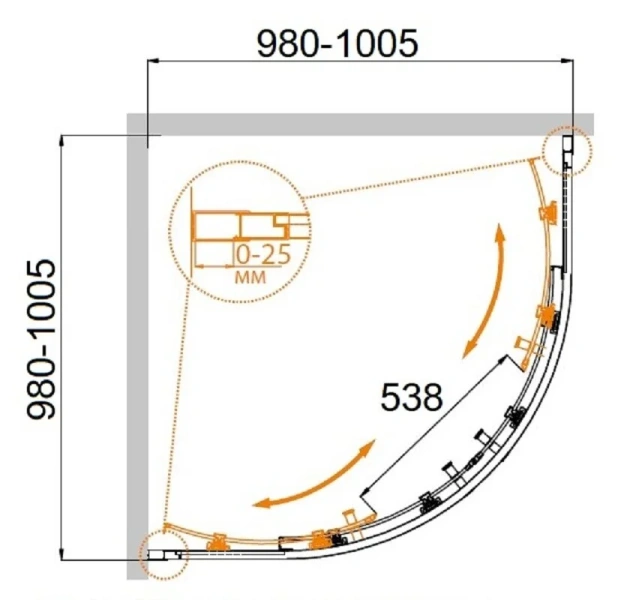 Душевой уголок Cezares Molveno 100х100 см прозрачное стекло MOLVENO-R-2-100-C-Cr-IV (детальная фотография), полукруглые, четверть круга