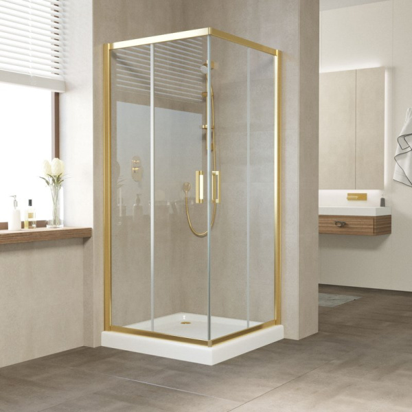 Душевой уголок профиль золотой стекло прозрачное Vegas-glass ZA 110 09 01 (детальная фотография), квадратные