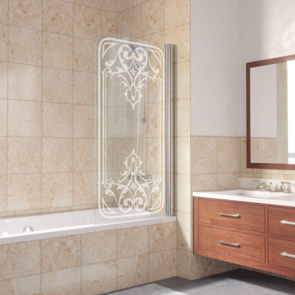 Душевая шторка на ванную профиль глянцевый хром рисунок матовый стекло прозрачное Vegas-glass EV 76 08 ARTDECO D2 R (детальная фотография), недорогие