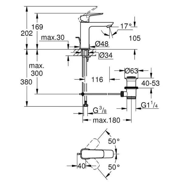 Смеситель для раковины Grohe Cubeo с донным клапаном 1017490000 (детальная фотография), для раковины
