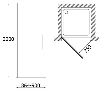 Дверь распашная в нишу 90 профиль хром стекло прозрачное Jacob Delafon Contra E22T90-GA (детальная фотография), современные, hi-tech