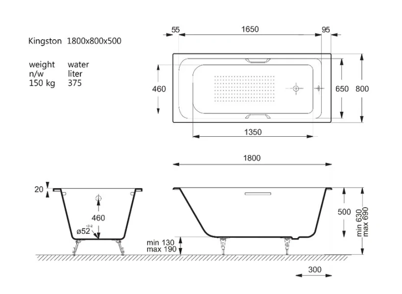 Чугунная ванна Vinsent Veron Kingston VKN1808050H/VH0012BL-AS, 180 x 80 см, с антискользящим покрытием, ручки хром, цвет белый (детальная фотография), чугунные