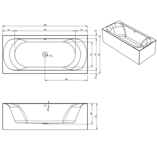 Ванна акриловая Riho Linares 200x90 см белая B144001005 (детальная фотография), акриловые