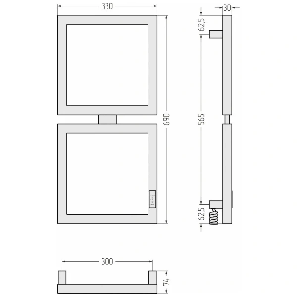 Полотенцесушитель электрический Сунержа Этюд 30х69 см правый черный матовый 31-0845-6030 (детальная фотография), из нержавеющей стали, без полки, неповоротные