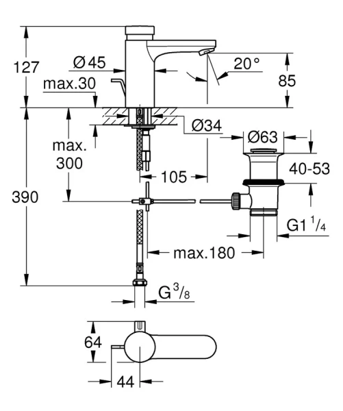 Смеситель для раковины порционно-нажимной Grohe Eurosmart Cosmopolitan 36318000 (детальная фотография), для раковины