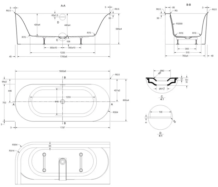 Ванна акриловая Vincea VBT-704-1800-L/VBT-704-1800-R, 180 x 80 см, левая/правая белая (детальная фотография), 180х80