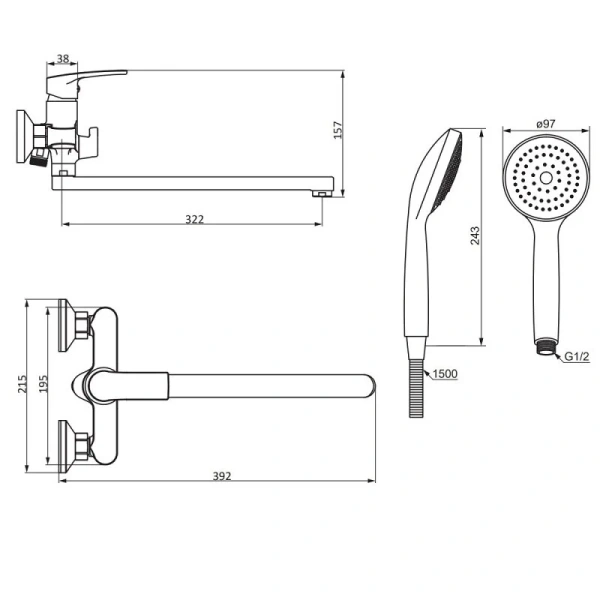 Смеситель для ванны Damixa Eclipse 2.0 с душевой лейкой 489500000 (детальная фотография), для ванны